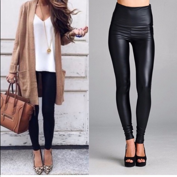 ✨last 4 left ✨High waist faux leather leggings in COFFEE - Picture 4 of 9